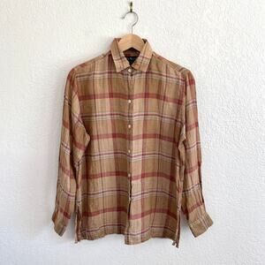 F. by Faconnable 100% Linen Plaid Button Down Tunic Shirt Long Sleeve Large